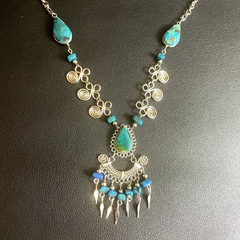 Andean Style Statement Necklace Simulated Turquoise Silver Tone Boho Festival